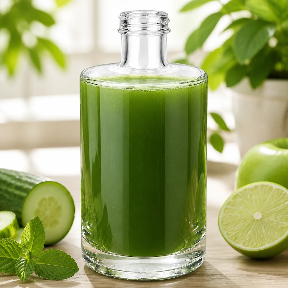 375 ml glazen fles Sam zonder schroefsluiting UNiTWIST® 375ml glazen fles Sam gevuld met groene smoothie naast komkommer, limoen en munt op een licht houten achtergrond