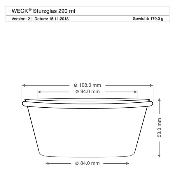 290ml stortglas laag WECK RR80 met kurk Technische tekening WECK beker 290ml RR100 met afmetingen Diameter 108mm Hoogte 53mm Gewicht 179g