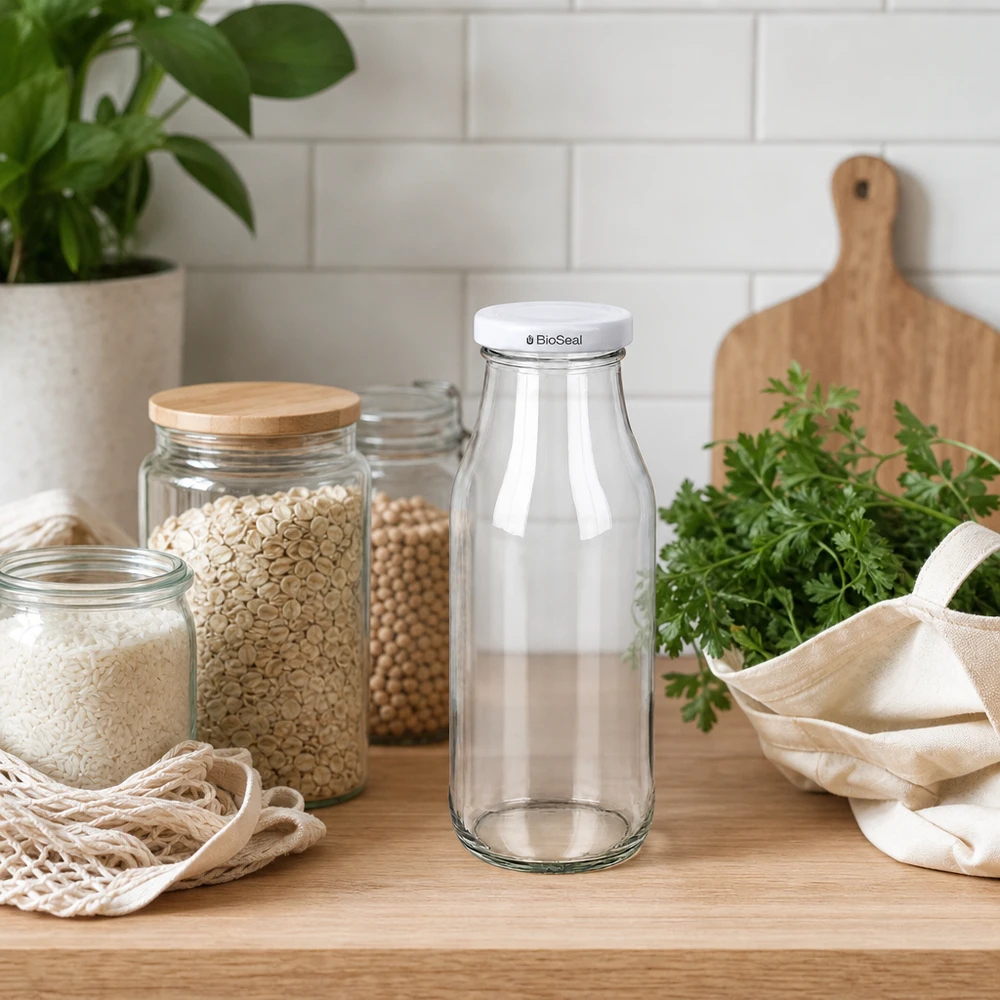 263ml fles met BioSeal deksel wit UNiTWIST UNiTWIST Fles263 Glazen fles leeg op houten werkblad tussen peulvruchten in voorraadpotten en verse kruiden
