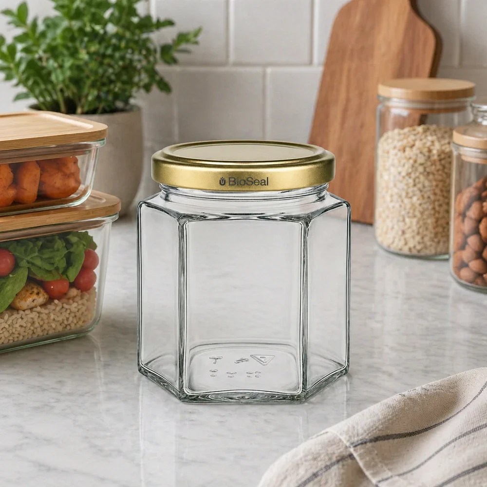 Lege 520g BioSeal zeshoekige honingpot met gouden deksel op keukenblad naast voorraadpotten en keukengerei