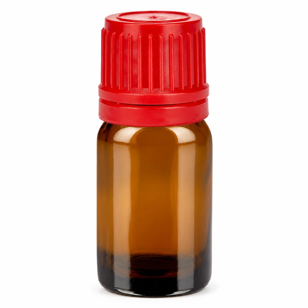 5ml amberkleurig glazen flesje met rode dop voor essentiële oliën en aromatherapie