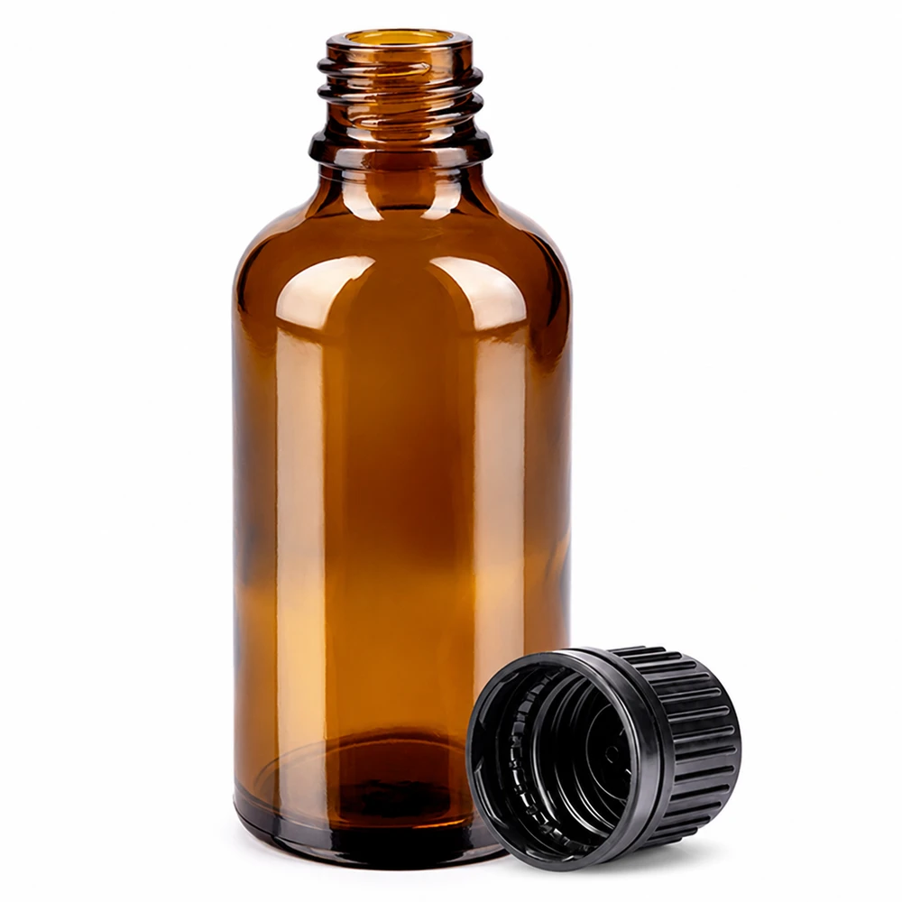 Bruine apothekersfles 50ml met schroefdraad en afneembare dop voor lichtgevoelige stoffen