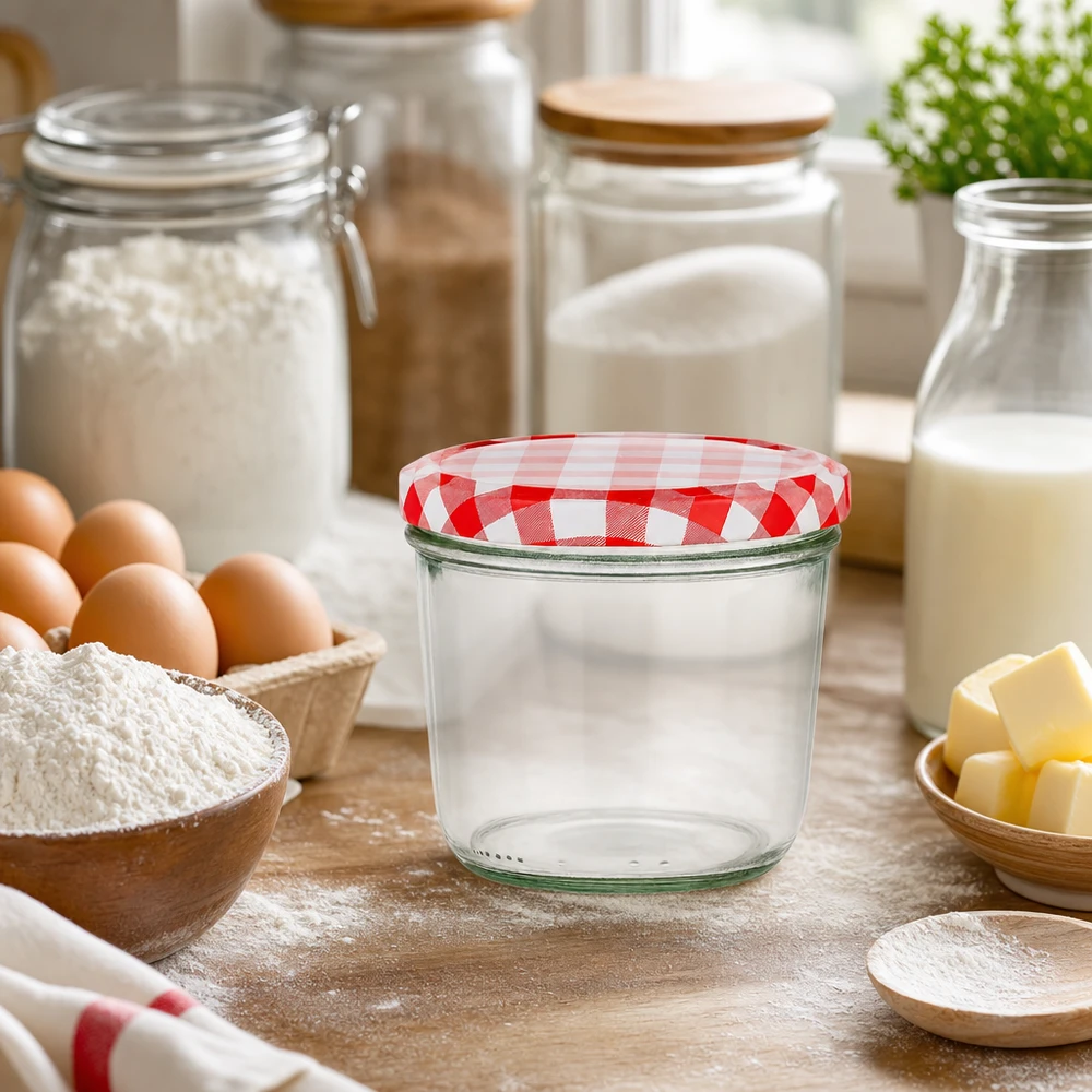 Lege 230 ml bekers met rood en wit geblokt BasicSeal deksel in de bakkerijkeuken tussen meel, eieren en zuivelproducten
