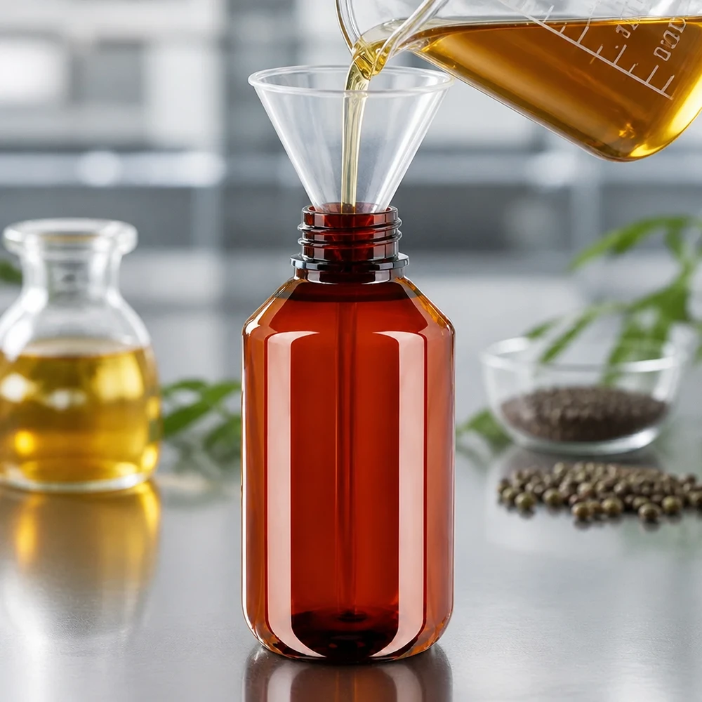 50 ml PET medicijnfles met verstuiver zwart GCMI 28/410 incl. dop transparant, standaard Vulproces van plantaardige olie in een bruine PET-fles van 100 ml met veiligheidsdop