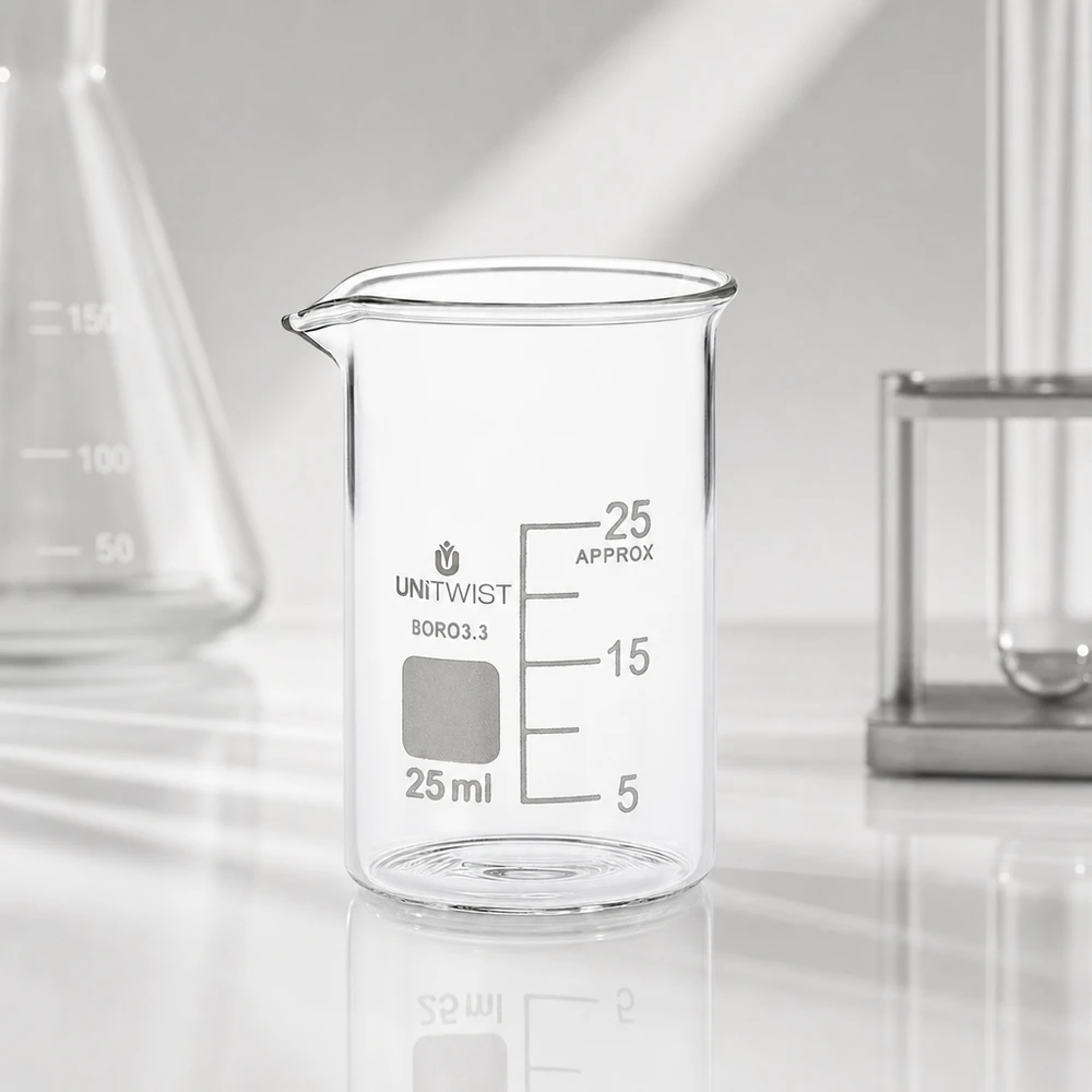 Klein laboratoriumglas van 25 ml, gemaakt van borosilicaatglas 3.3, met schenktuit en geëtste milliliterschaal