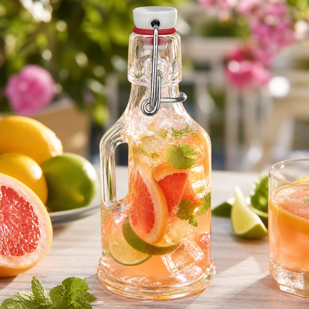 Glazen fles Bertha 200ml gevuld met grapefruit-limoenwater Tuinsfeer zomerdrank UNiTW draaidop