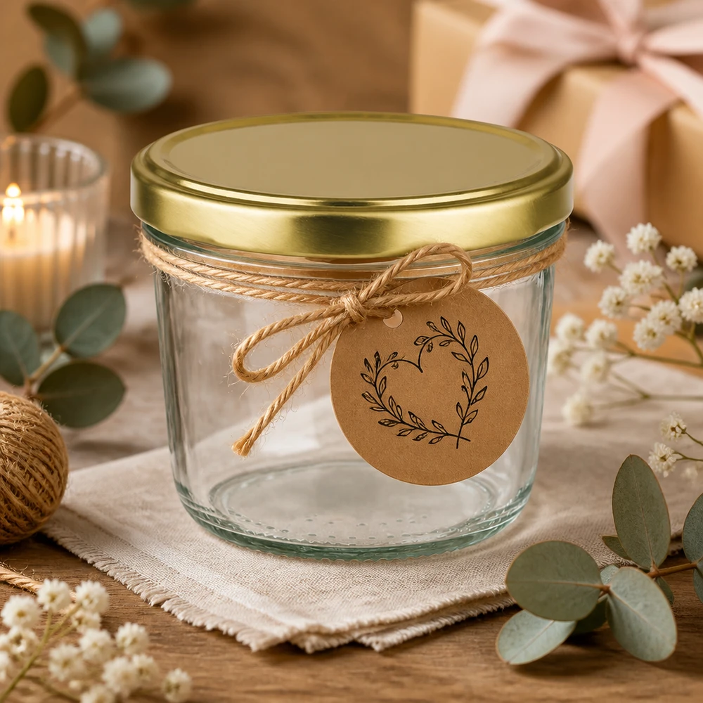 230 ml BasicSeal gouden UNiTWIST bekers decoratief gerangschikt met cadeaulint en kraftpapieren label