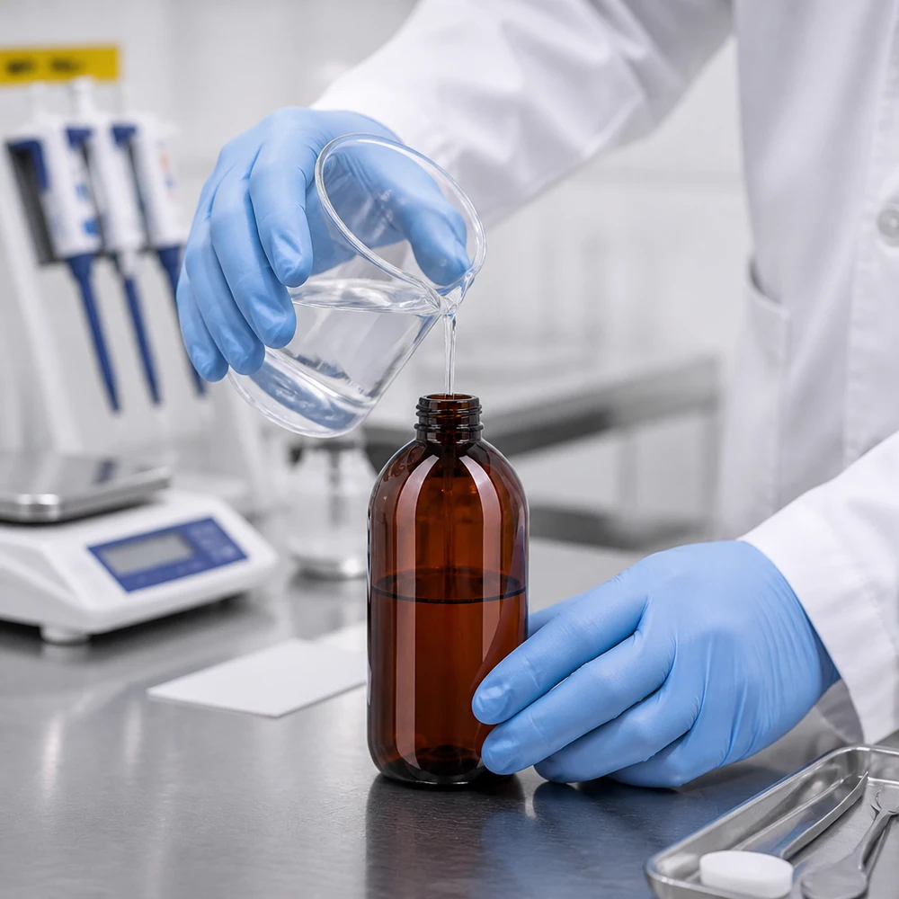 Labortechniker füllt transparente Flüssigkeit in 250ml PET Sprühflasche mit weissem Aufsatz