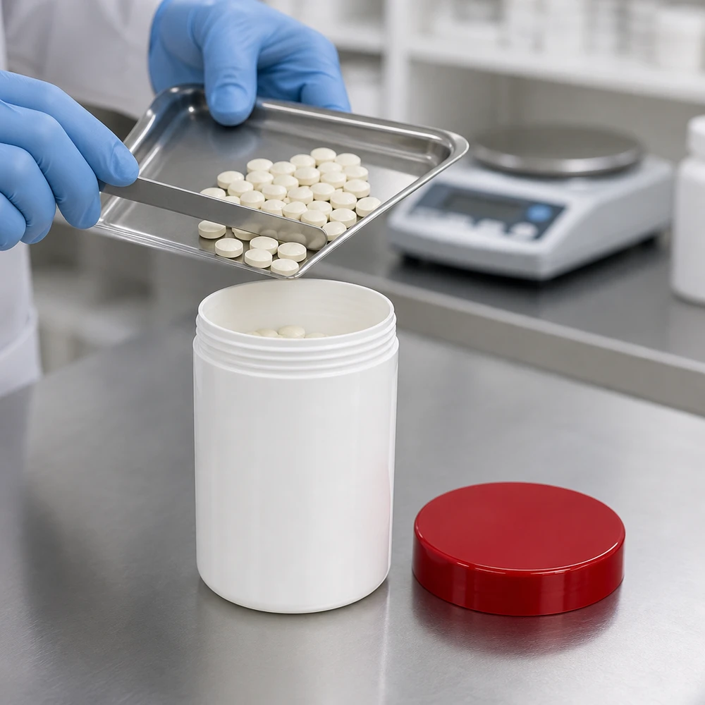 Zalfpot 150 g wit met rood schroefdeksel (PP) Stevige kruik met brede hals, 150 g, wit met rode deksel, voor farmaceutische vaste stoffen en tabletten