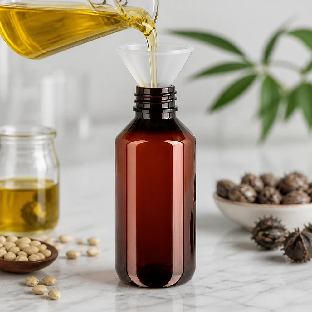 50 ml PET medicijnfles met verstuiver zwart GCMI 28/410 incl. dop transparant, standaard Herbruikbare PET-fles van 200 ml met OV-sluiting voor het afvullen van plantaardige oliën