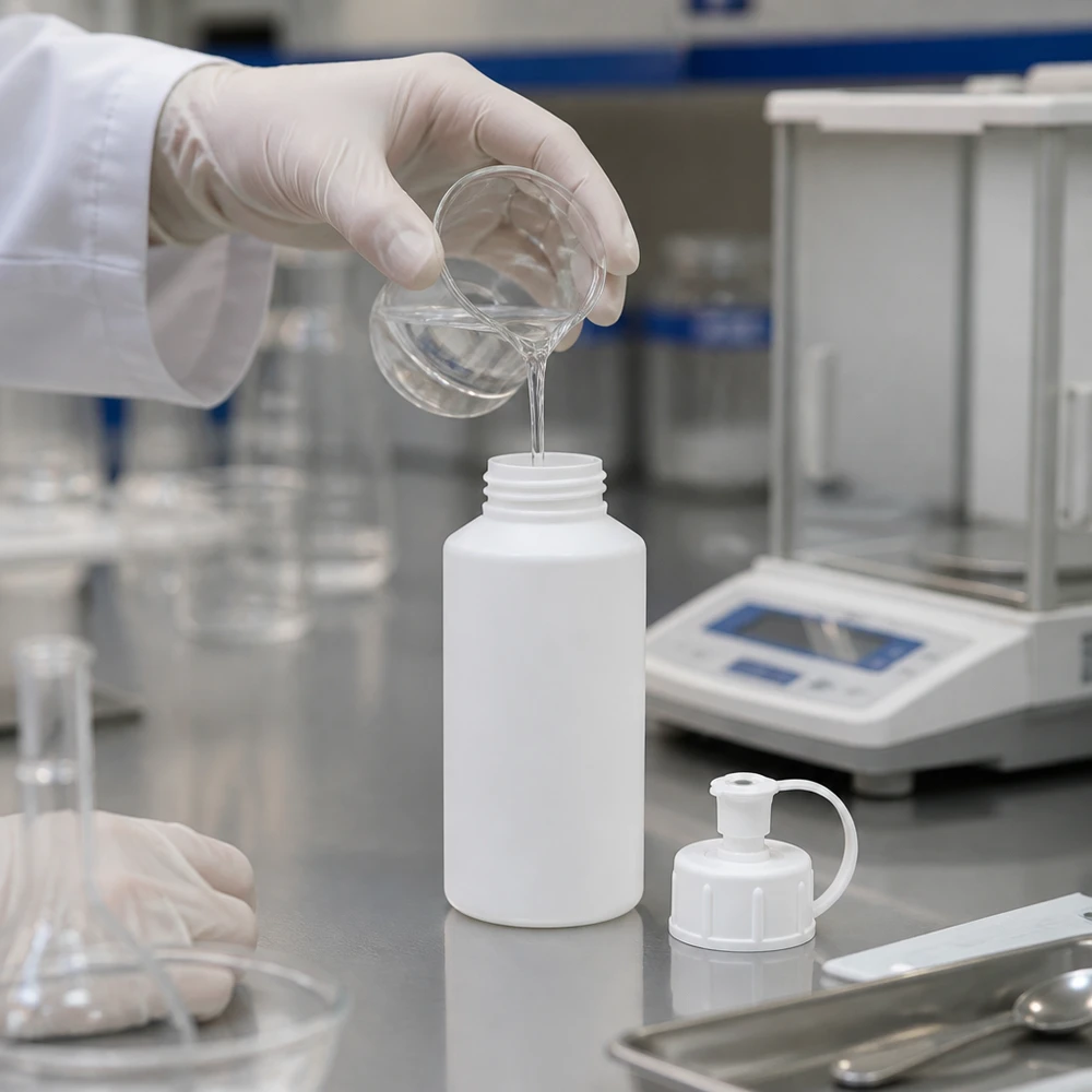 PET cilinderfles 30ml wit met sproeisluiting wit Farmaceutische afvulling in een witte polyethyleenfles van 30 ml met spuitdop en analyseweegschaal