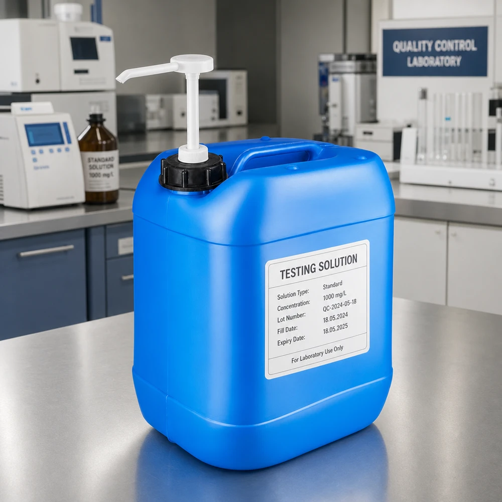Blauwe laboratoriumkan van 20 liter met beschrijfbaar etiket: concentratie, partijnummer en houdbaarheidsdatum