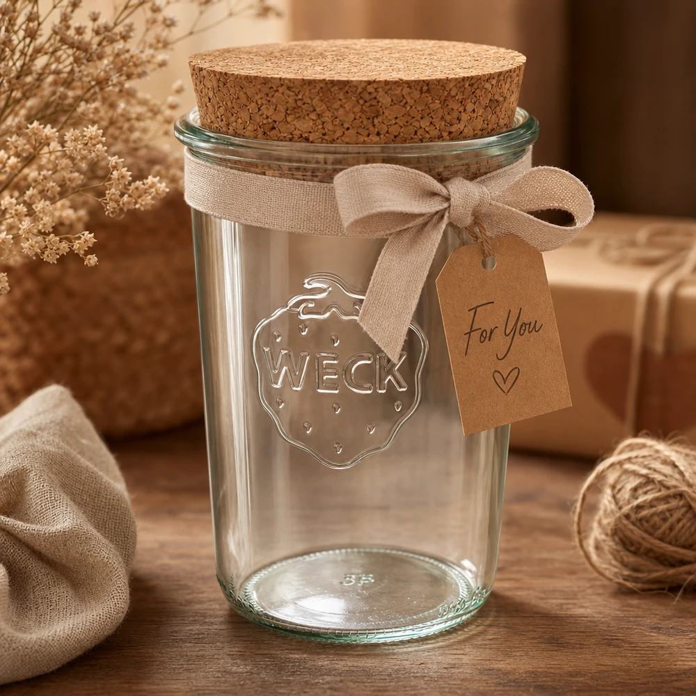 WECK bekers 850ml RR100 decoratief gerangschikt met kurken deksellint en cadeaulabel als cadeau-idee