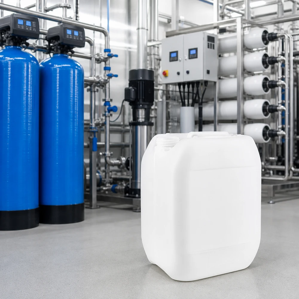 10l jerrycan, UN-toelating, zonder schroefsluiting Compacte jerrycan van 10 liter zonder sluiting voor waterchemicaliën in waterzuiveringsinstallaties