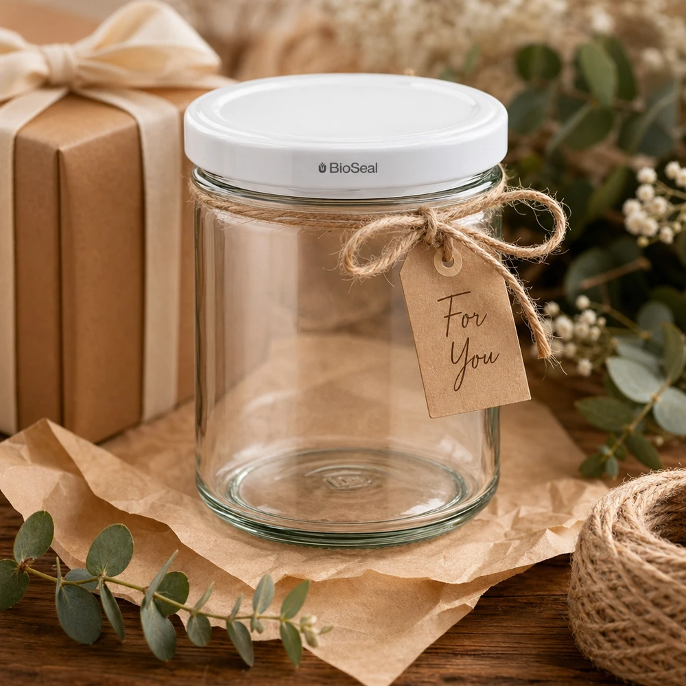 167ml bekers met BioSeal deksel wit UNiTWIST UNiTWIST inmaakpot 167ml geschenkdoos rustieke decoratie kraftpapier label For You BioSeal deksel