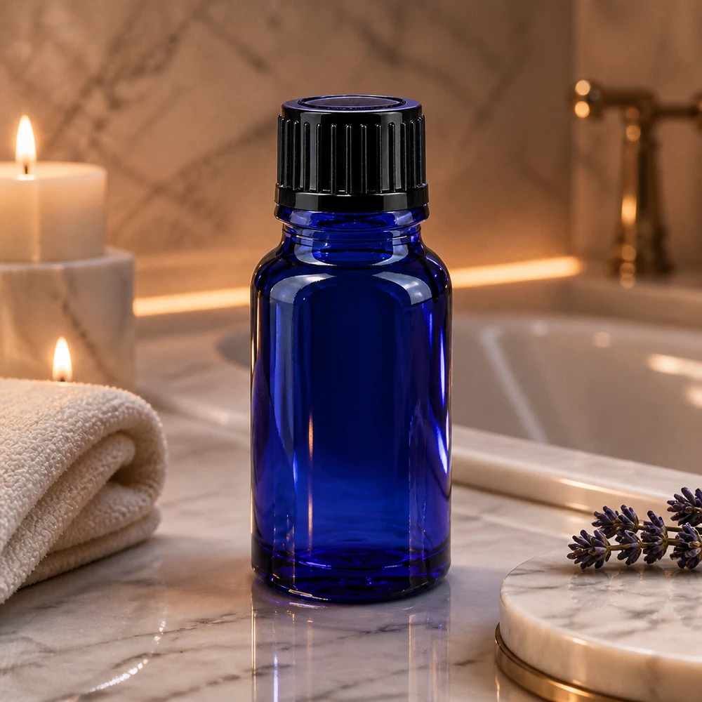 Blauwe glazen flessen 10ml met zwart 1mm druppelstop St Lichtbeschermende fles, blauw, 10 ml, van borosilicaatglas met zwarte doseerdop
