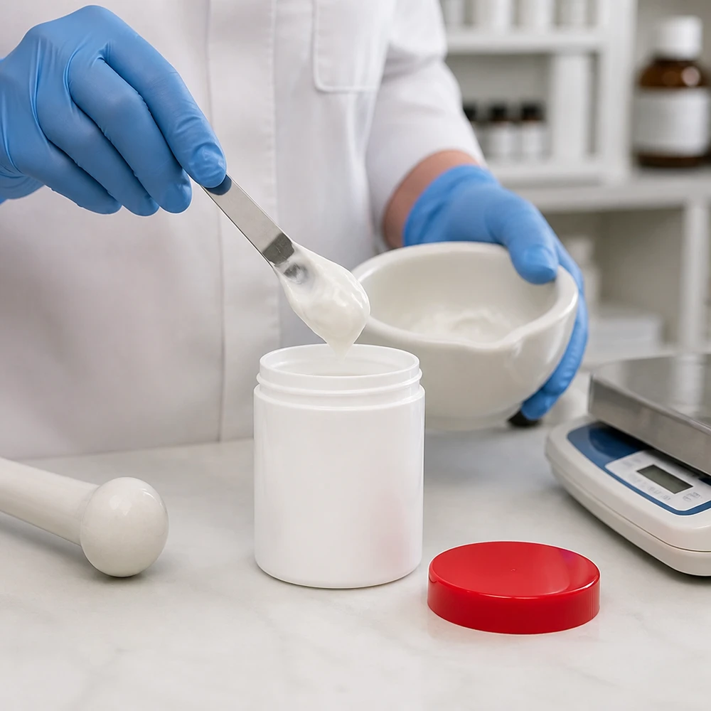 Zalfpot 250 g wit met rood schroefdeksel (PP) Witte vijzel en stamper naast een gevulde zalfpot van 250 g met rode schroefdop, laboratorium