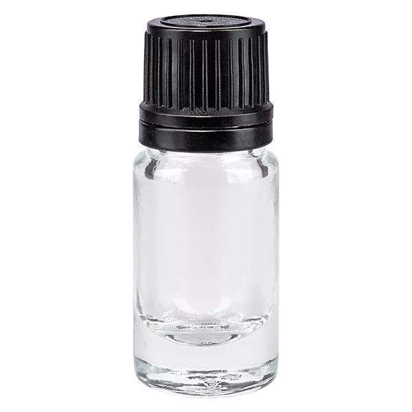 Helder glazen flessen 5ml met zwart schroefsluiting uitgietring VR Helder glazen flessen 5ml met zwart schroefsluiting uitgietring VR