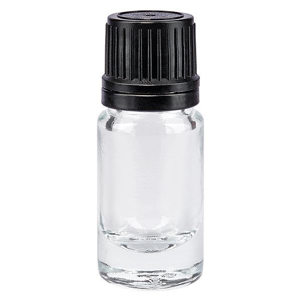 Helder glazen flessen 5ml met zwart schroefsluiting uitgietring VR Helder glazen flessen 5ml met zwart schroefsluiting uitgietring VR