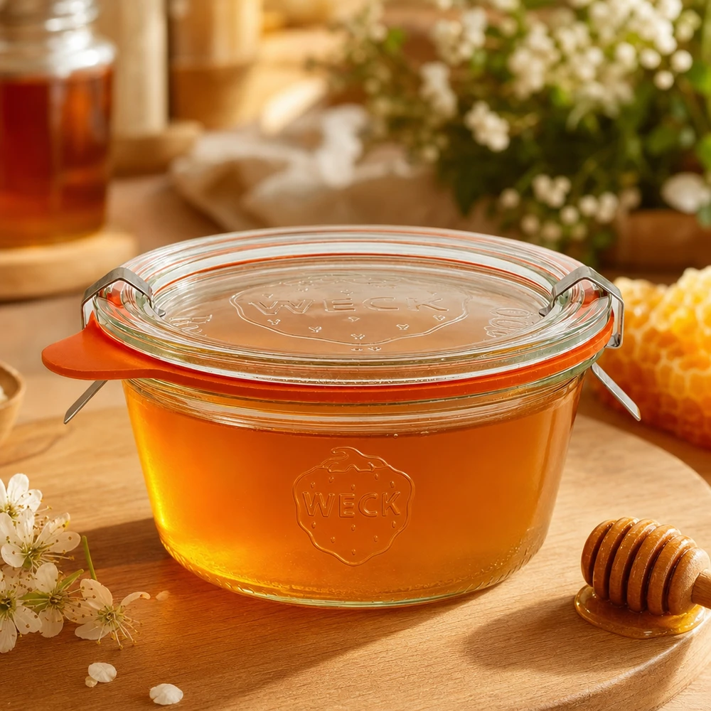 WECK bekers 290ml RR100 gevuld met gouden honing naast honinglepel en honingraat als natuurlijke opslag