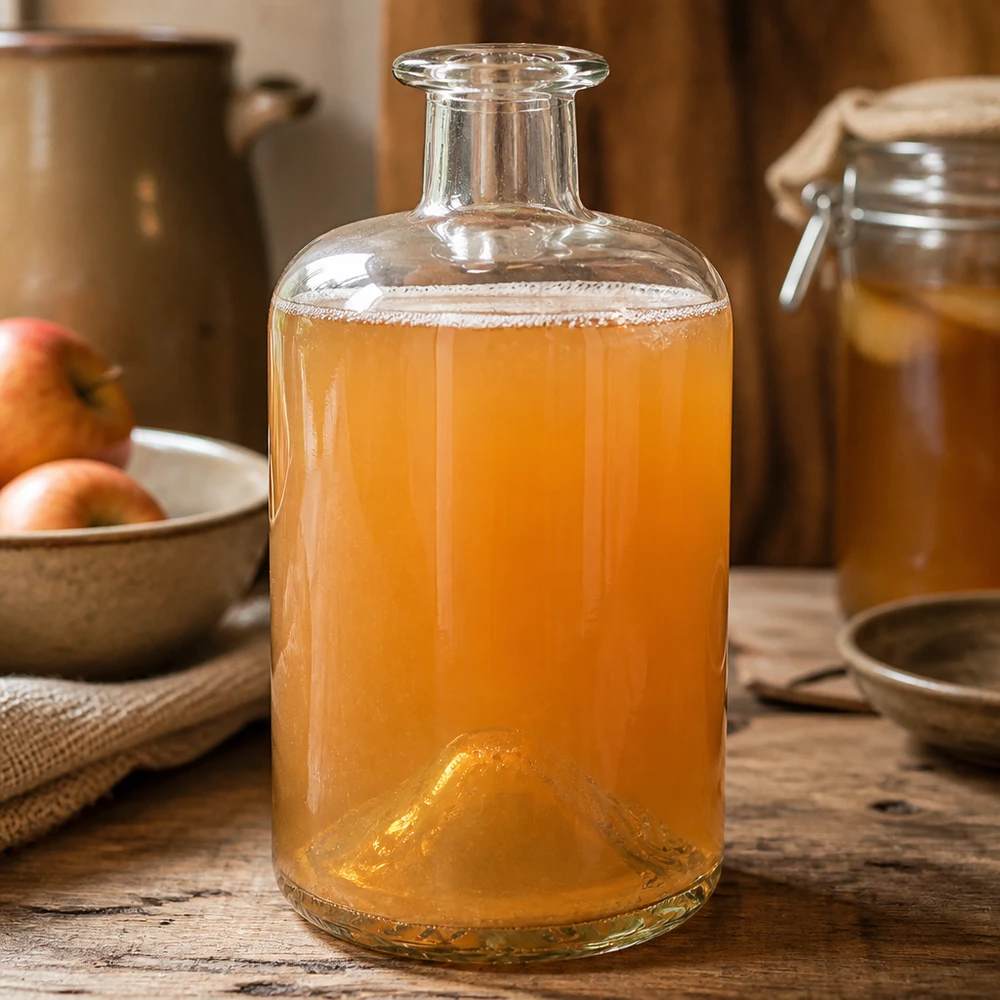 500ml apothekersfles Sofia gevuld met Kombucha gefermenteerde drank keuken rustiek houten tafel glazen fles UNiTWIST