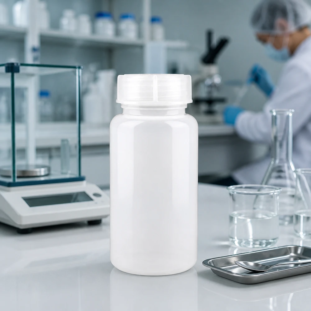 Wijde hals laboratoriumfles 1000ml met sluiting Laboratoriumfles van 1000 ml met brede hals, gemaakt van HDPE, met schroefdop, omringd door laboratoriumapparatuur en een weegschaal