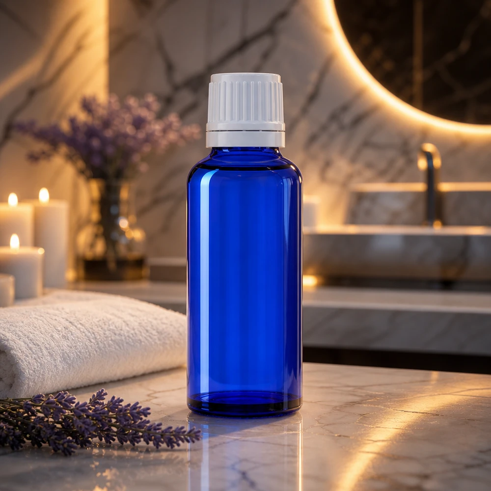 Blauwe glazen flessen 30ml met wit druppelsluiting 1.2mm VR Kleine blauwe glazen fles van 30 ml met een witte schroefdop voor aromatherapie en etherische oliën