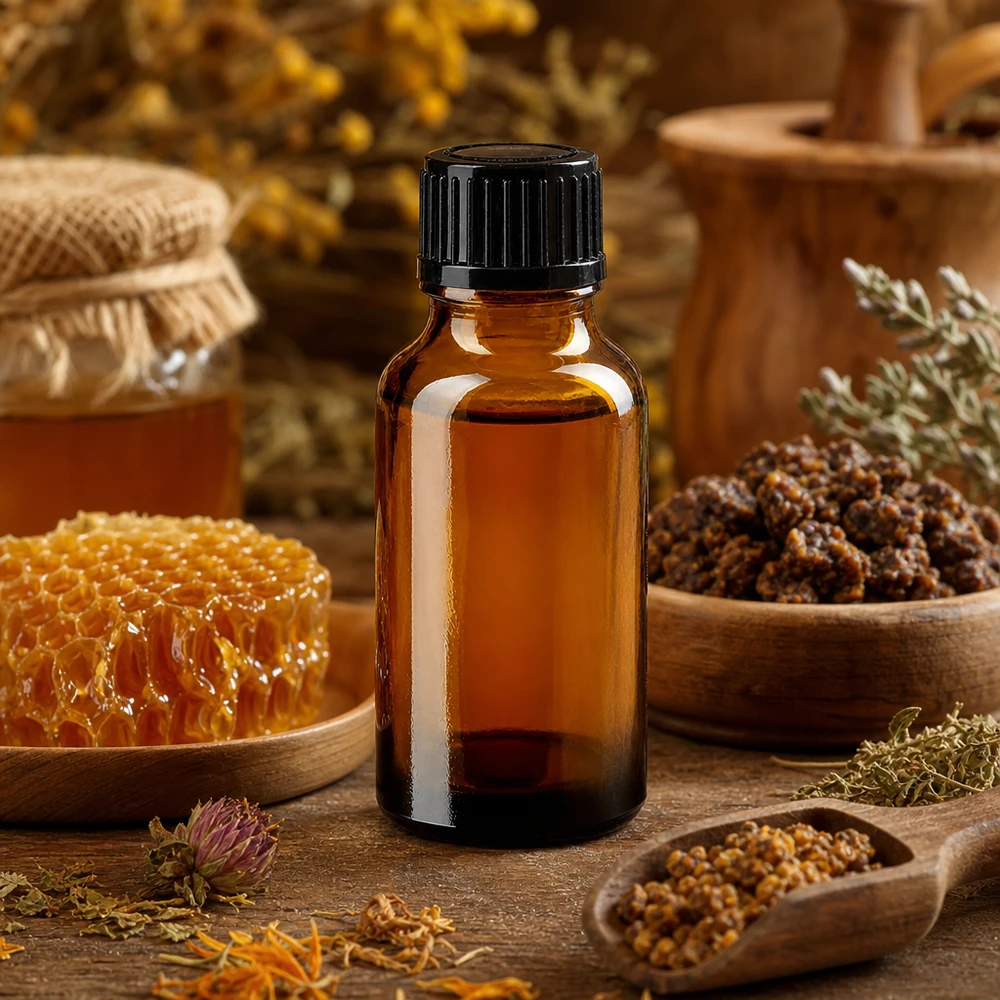 Flesje van 20 ml van bruin apothekersglas met een zwarte dop in een natuurgeneeskundige omgeving