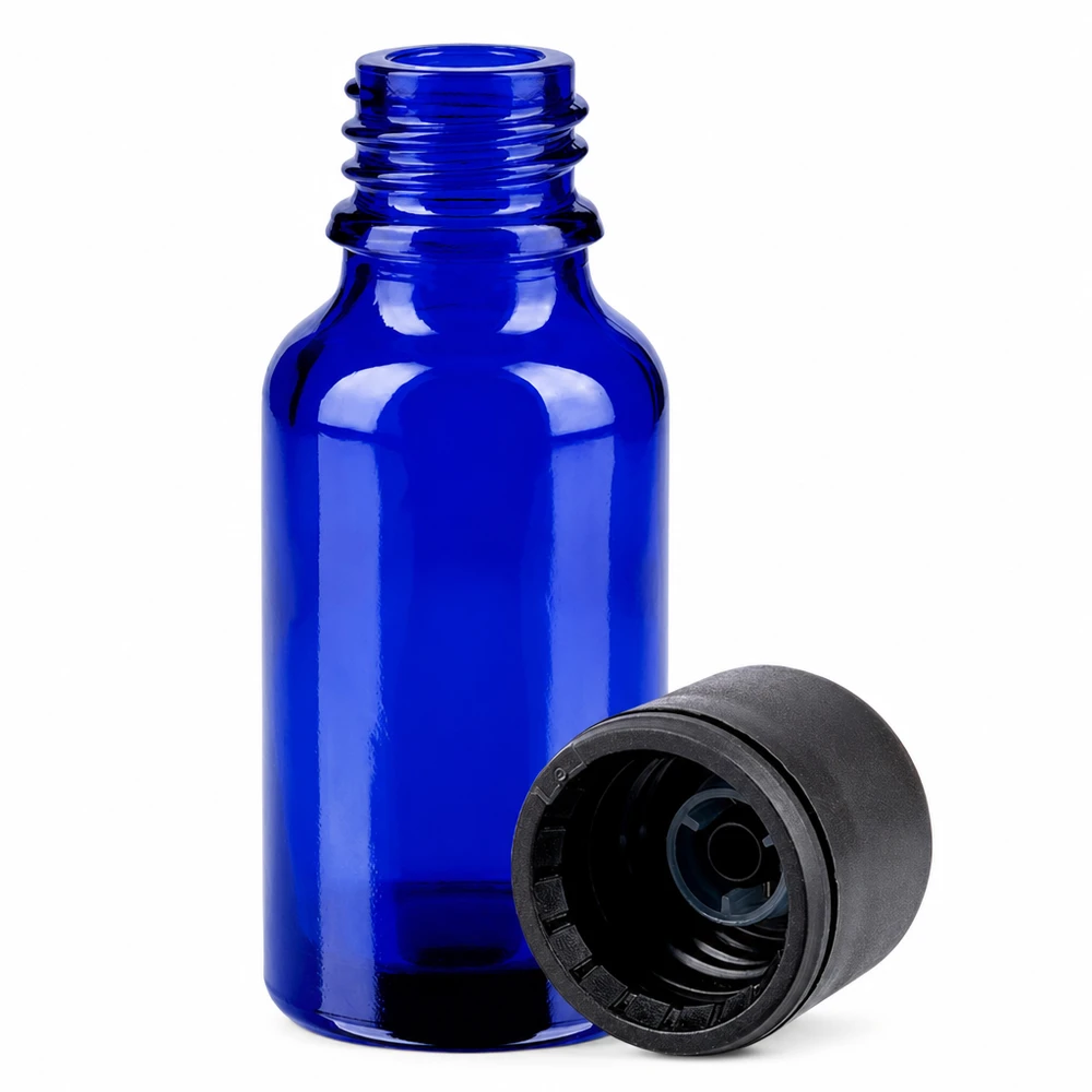 Professioneel 20ml glazen flesje in blauw met zwarte SV-dop voor chemicaliën