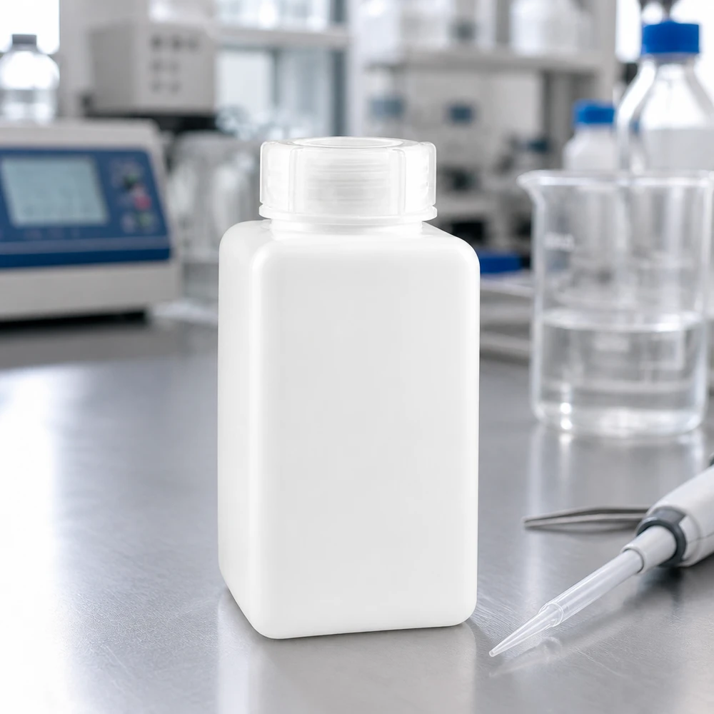 Chemicaliënfles 1500 ml, wijde hals, incl. sluiting GL 65 Lege PE-HD-fles voor chemicaliën met brede hals, 1500 ml, naturel, staand op een roestvrijstalen laboratoriumtafel