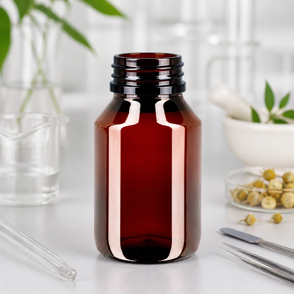 Bruine PET-fles met brede hals, 50 ml, met blauwe originele dop, voor natuurlijke cosmetica en extracten
