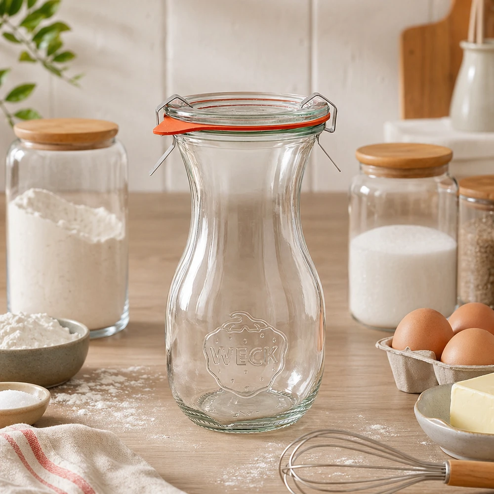 WECK sapfles 290ml RR60 leeg in moderne keuken tussen bakingrediënten en voorraadpotten op werkblad