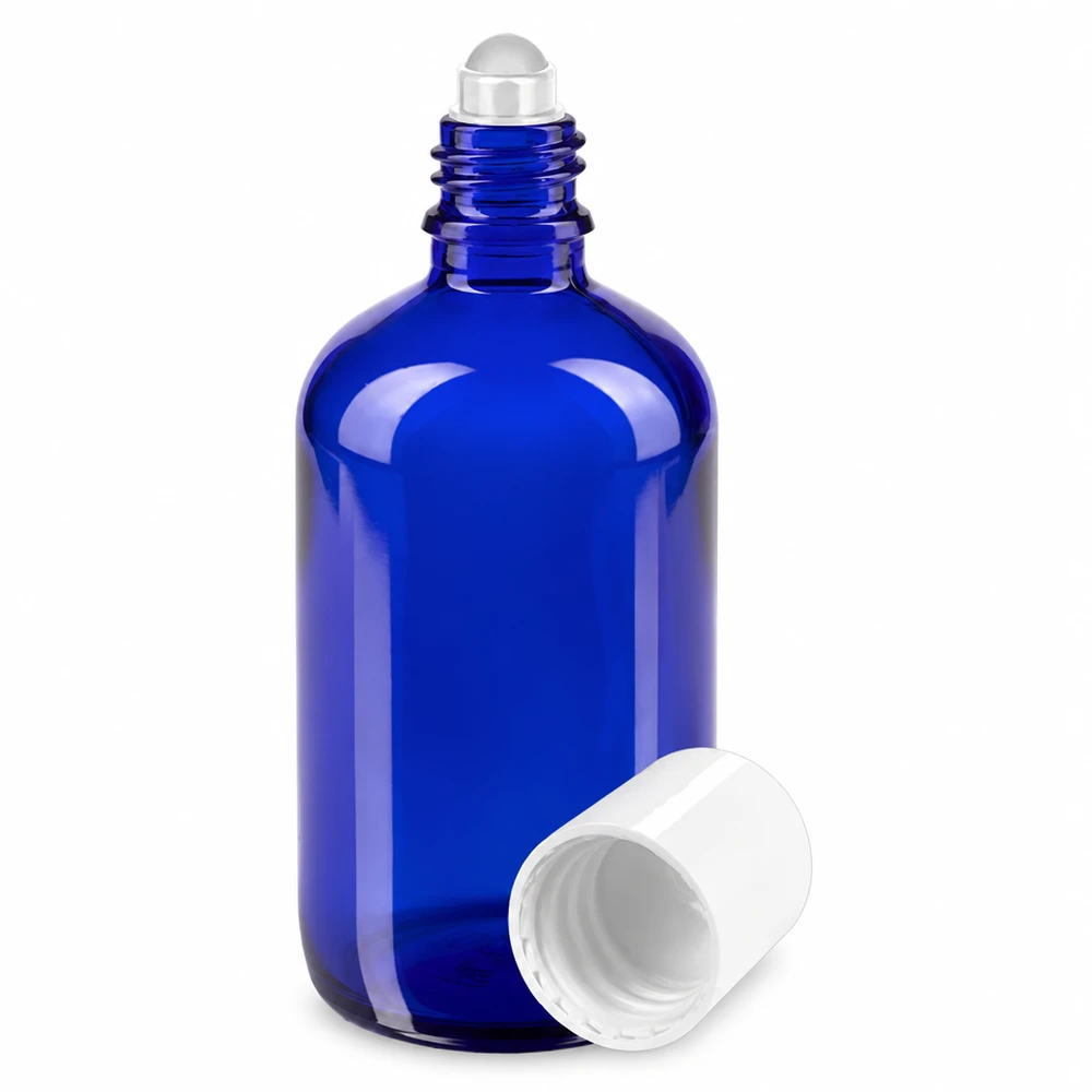 Ronde blauwe glazen roll-on-fles van 100 ml in apothekersstijl met afneembare witte dop