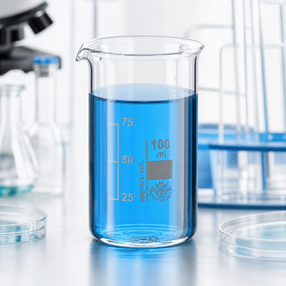 Hittebestendige borosilicaatglazen bekerglas van 100 ml, hoog model, naast petrischalen