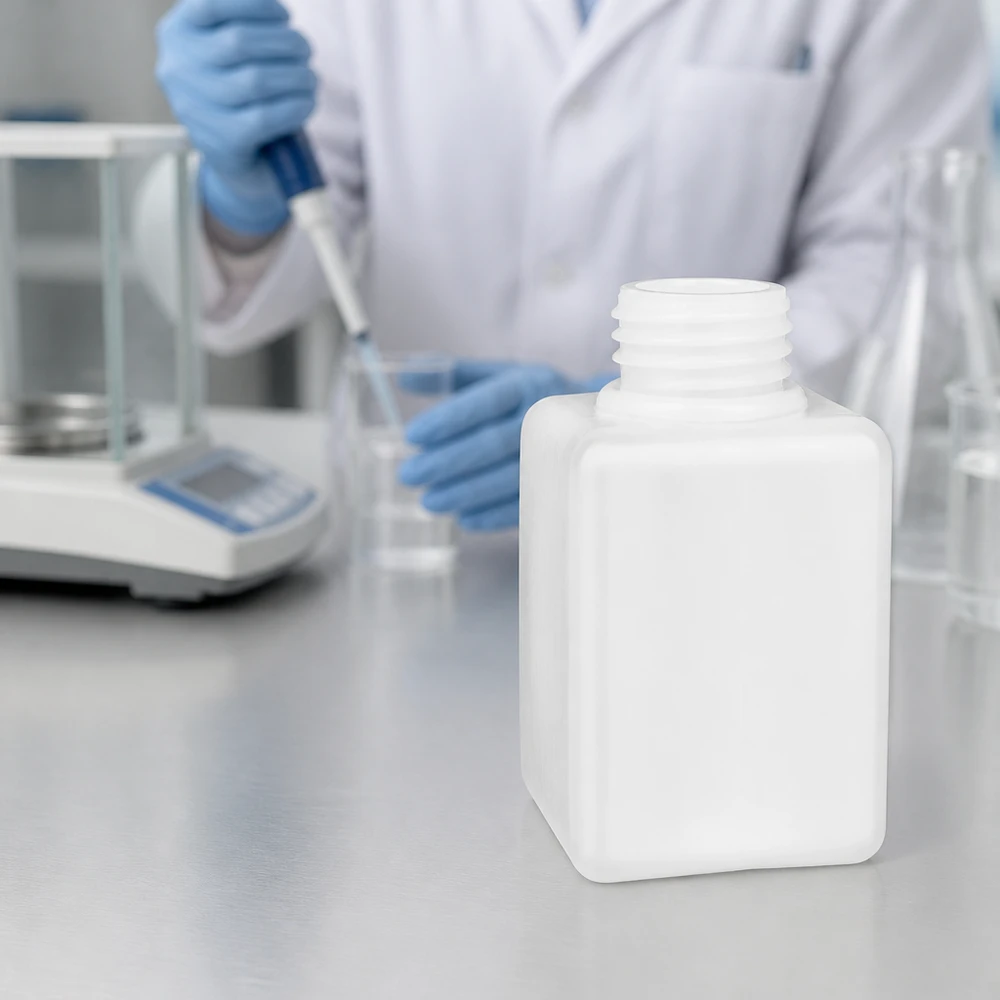 Chemicaliënfles 100 ml, nauwe hals Zuurbestendige fles met smalle hals, 100 ml, PE-HD, GL 25, wit, doorschijnend, voor laboratoriumgebruik