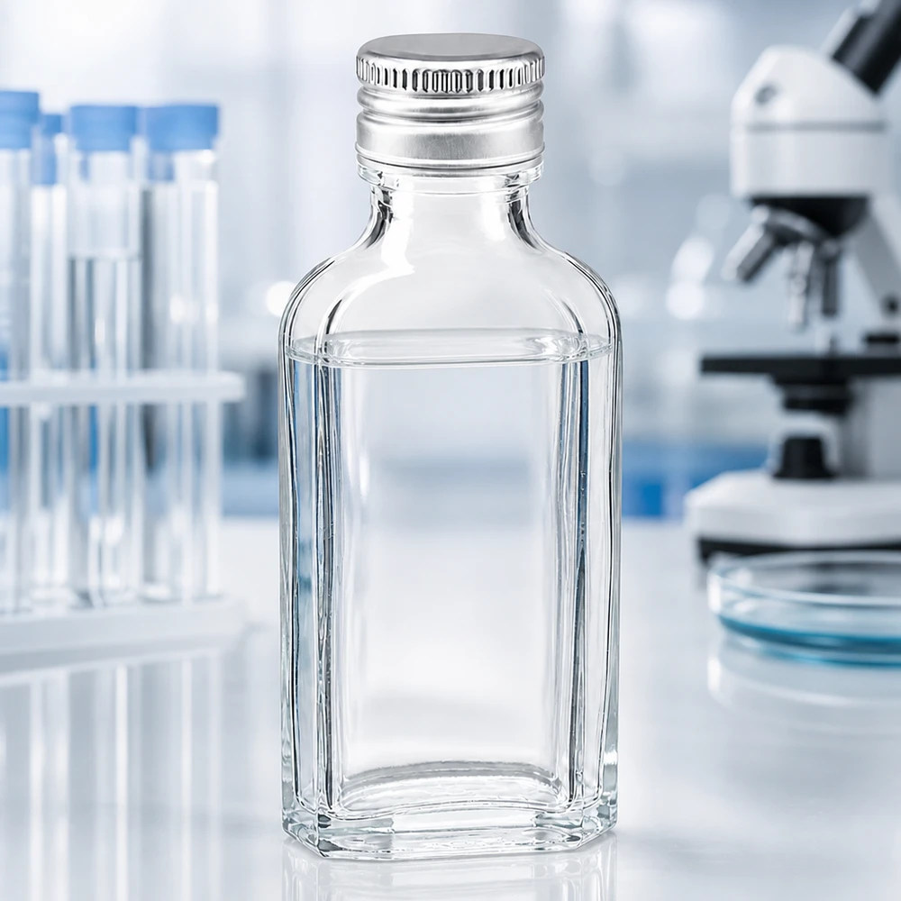 Vlakke 50 ml-fles van helder glas, type Meplat, met een zilverkleurige PP22-sluiting voor farmaceutische toepassingen