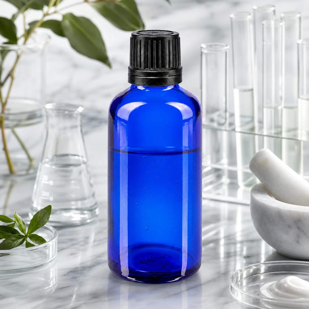 Blauw medicijnflesje van 50 ml van UV-bestendig glas met druppelinzetstuk, naast een Erlenmeyer-kolf en planten