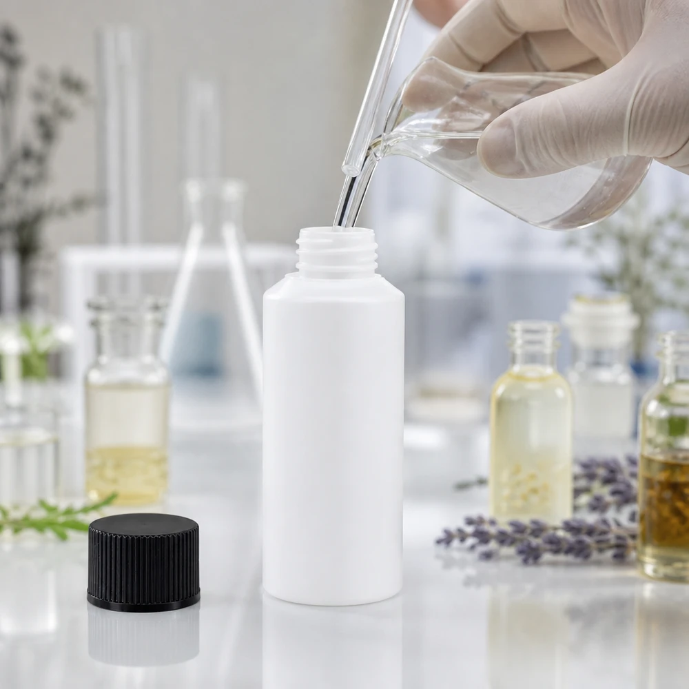 Het vullen van een witte kunststof apotheekfles van 30 ml in een professionele laboratoriumomgeving