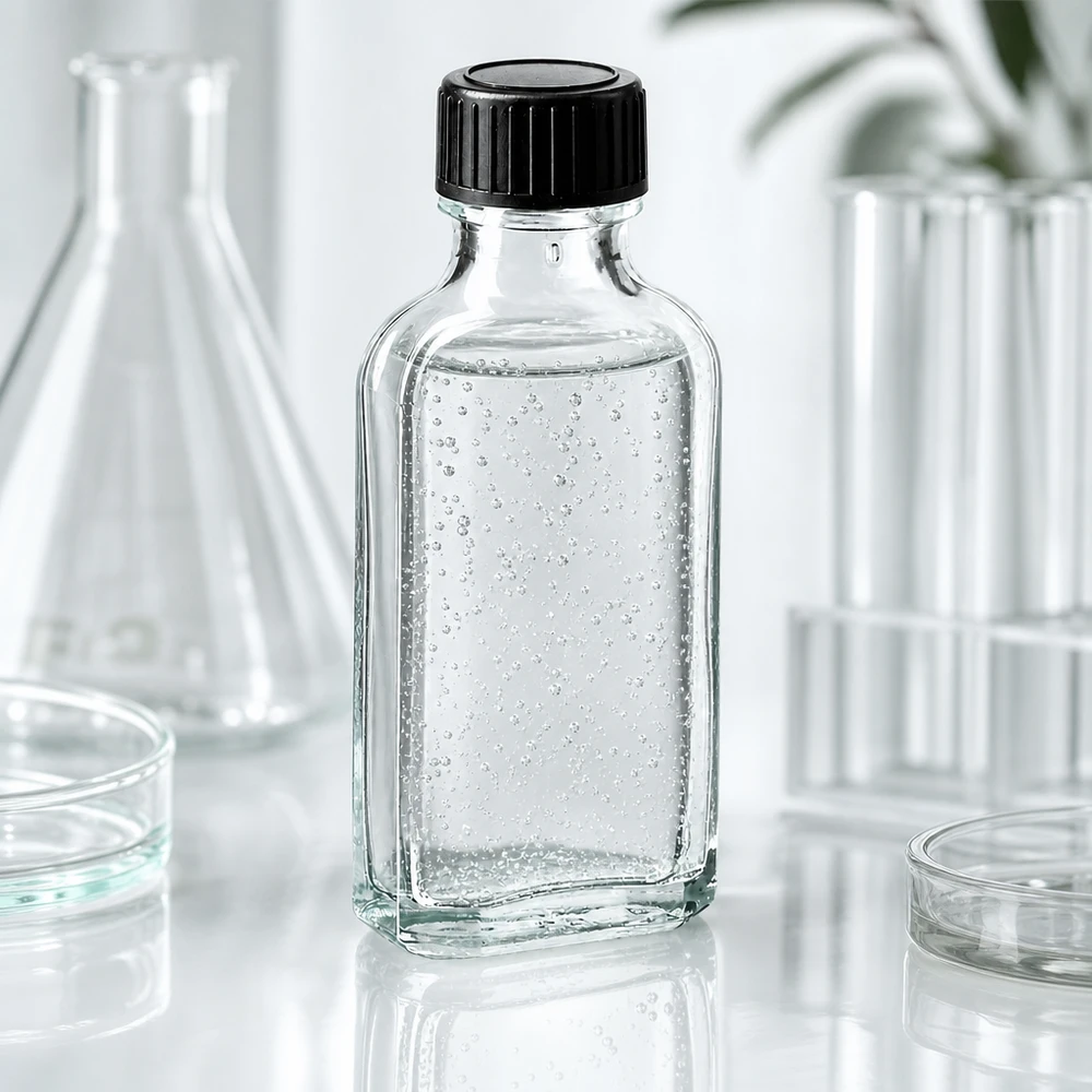 Meplat-fles met schroefdop, 50 ml, transparant, met EPE-inzetstuk voor chemische en farmaceutische toepassingen