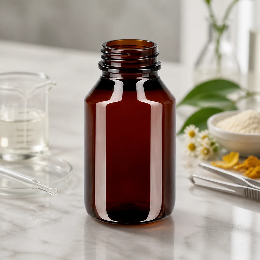 50 ml PET medicijnfles met verstuiver zwart GCMI 28/410 incl. dop transparant, standaard Bruine plastic fles van 50 ml met rode verzegeling en een cilindrische vorm