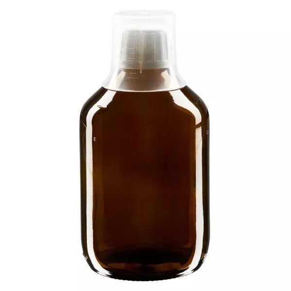 300 ml Euro-medicijnflessen met witte schroefsluiting en doseerbeker 30ml