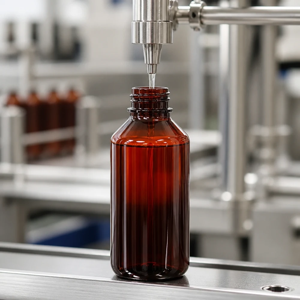 PET fles 750ml met witte verzegelstop + beker Lichtbeschermende PET-fles van 750 ml, amberkleurig met schroefdop, OV, in een geautomatiseerd afvulstation