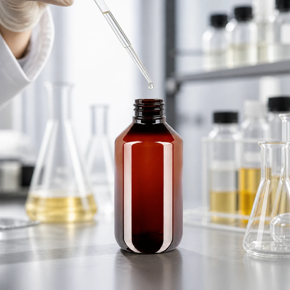 Met handschoenen wordt een pipet boven een open, amberkleurige plastic fles van 200 ml gehouden