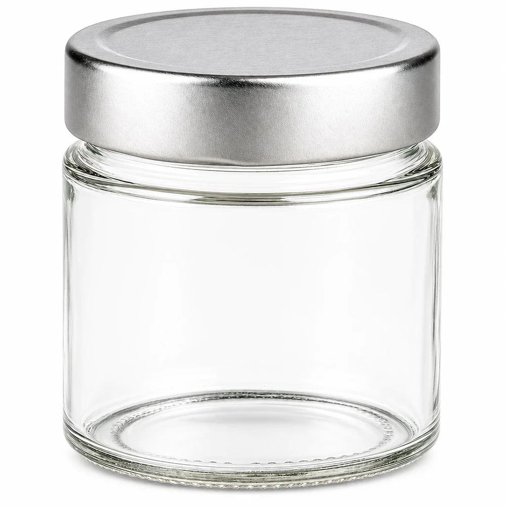135ml ronde pot met zilveren BasicSeal deksel leeg op witte achtergrond Glazen pot voorraadpot