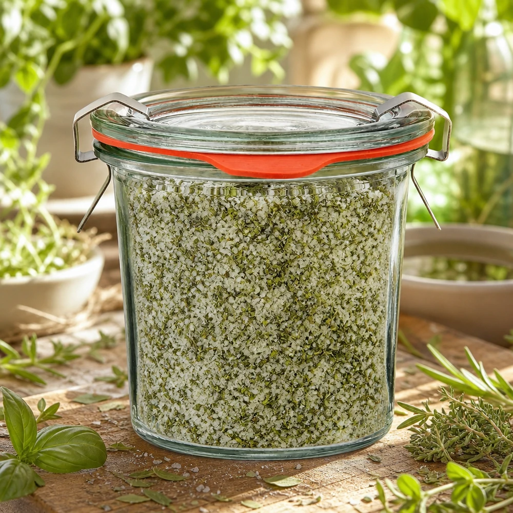 WECK Mini-potje 140 ml – cadeau-idee met aromatisch kruidenzout tegen een groene achtergrond