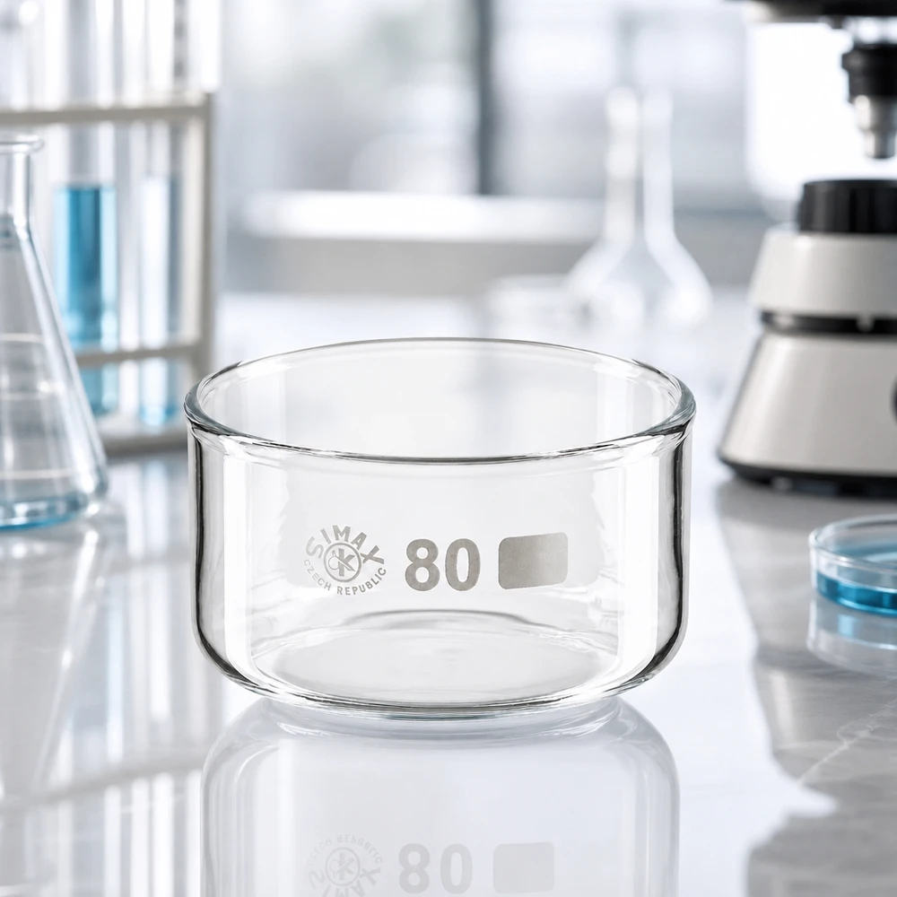Scheikundelaboratorium: kristallisatieschaal, plat en cilindrisch, diameter 80 mm, inhoud 150 ml, SIMAX