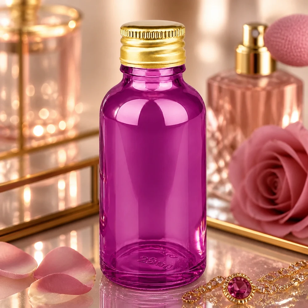 30ml flacon 11mm schroefdop aluminium gouden standaard PurpleLine. UT18/30 Stijlvolle 30 ml glazen fles in paars voor hoogwaardige serums met praktische standaarddraad UT18/30