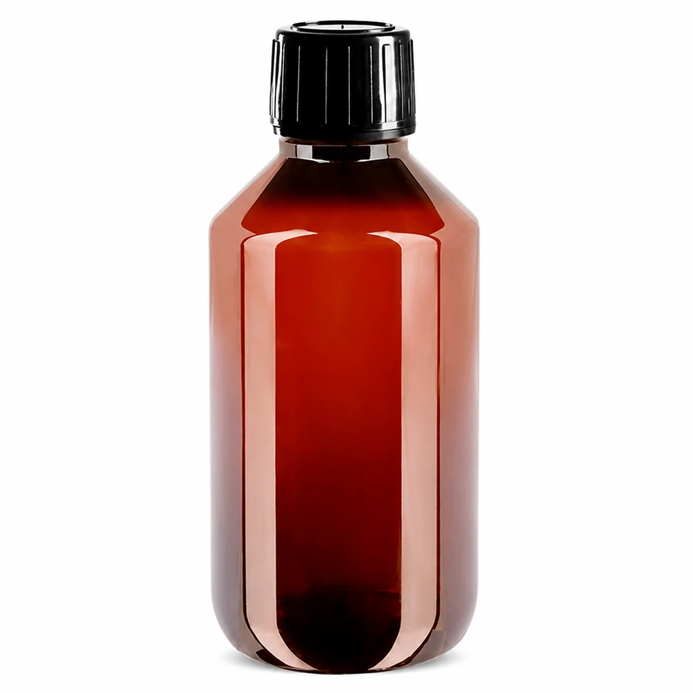 200ml Laborflaschen aus braunem PET mit UV-Schutz und schwarzem Spritzverschluss OV