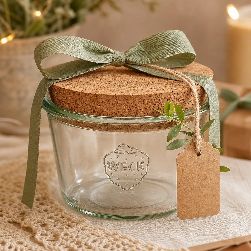 WECK bekers 370ml RR100 met kurken deksel als cadeau versierd met een groen lint en hanger in een woonsfeer