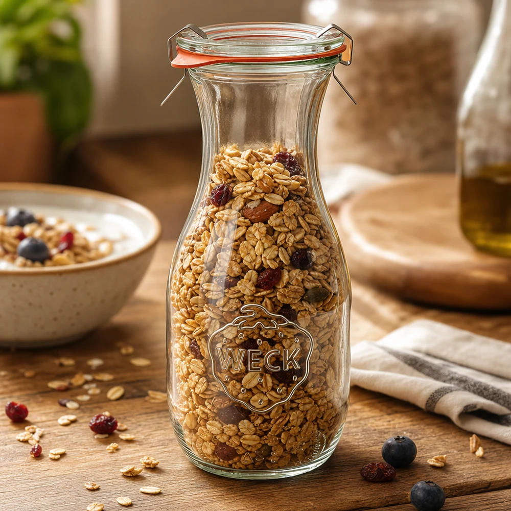 WECK 530 ml sapfles RR60 gevuld met muesli toont veelzijdige opslag van granen en gedroogd fruit